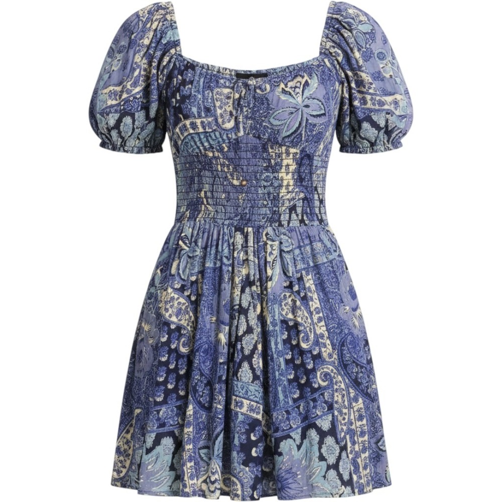 Angie Blue Paisley Smocked Mini Dress Puff Sleeve Boho Floral Rayon Womens Small